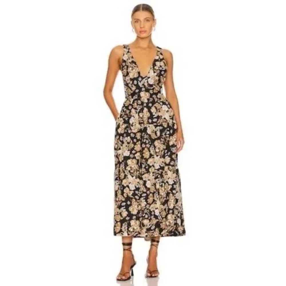 Shona Joy Palermo Linen Low Back Midi Dress in Black & Multi 4